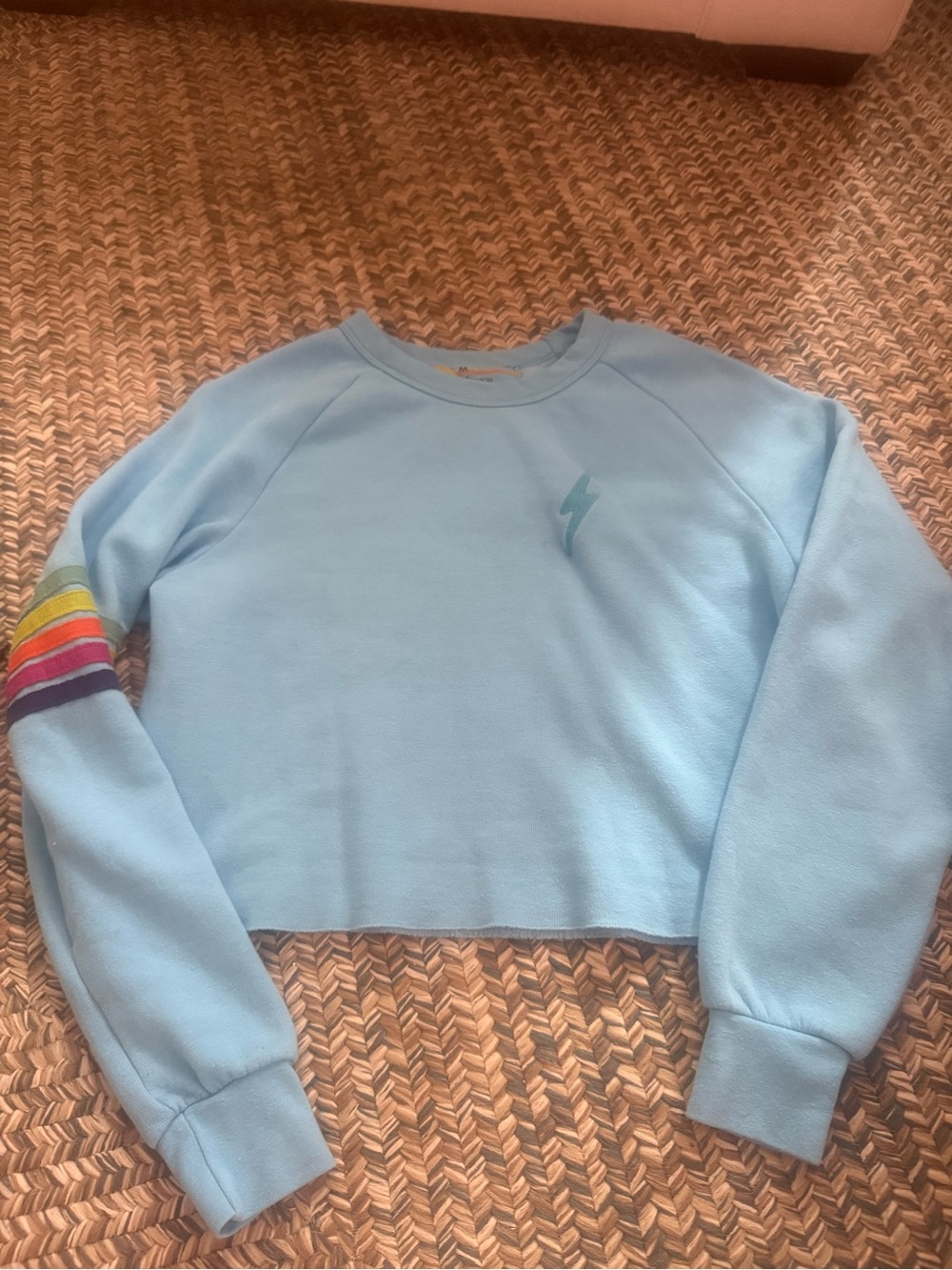 Aviator Nation Sky Blue Cropped Sweatshirt with Rainbow Sleeve